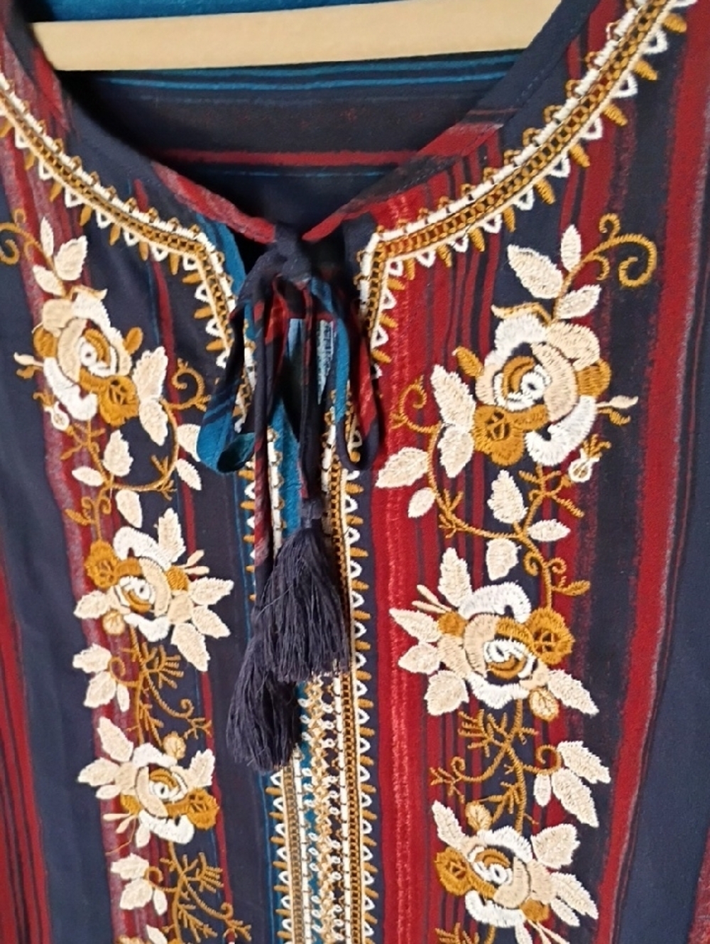 John Mark Embroidered Striped Boho Tunic in Red, Navy & Teal Size XL - Picture 13 of 13